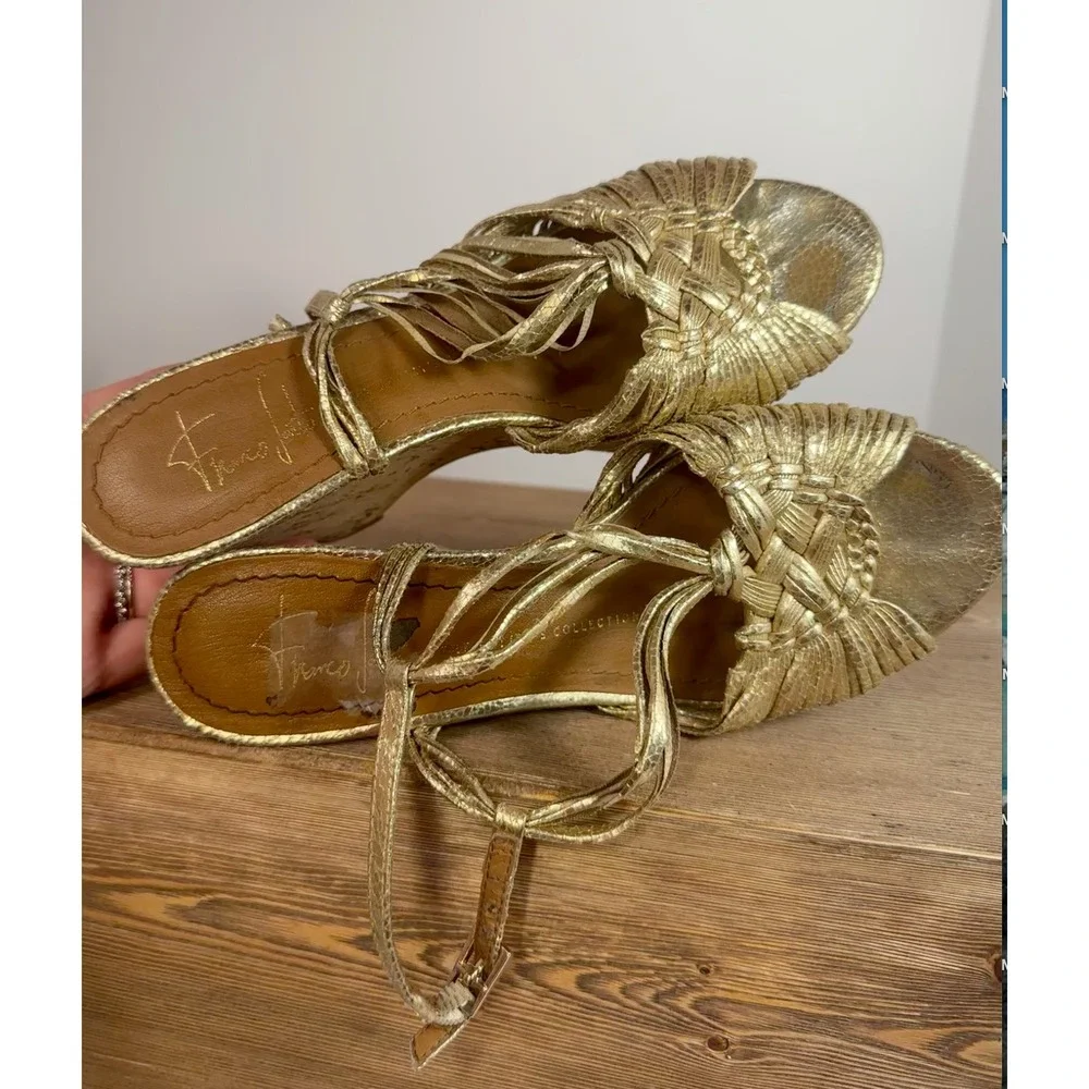 Franco Sarto Artists Collection Gold Cork Platform Wedges Womens 6.5 Y2K McBling